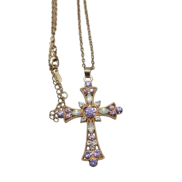 Sparkling Purple Rhinestone & Faux Opal Cross Pendant Necklace 19" Gold Plated - Picture 4 of 16